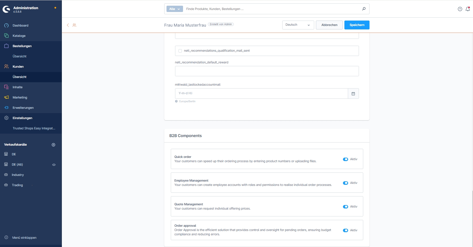 atlantis dx - Shopware Backend B2B Komponenten Screenshot aus dem Shopware Backend mit ausgewählten B2B-Komponenten
