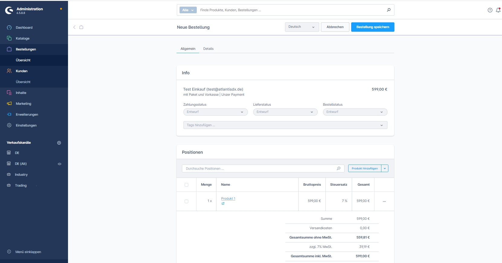 atlantis dx - Shopware Backend Bestellung Screenshot Shopware Backend auf dem manuell eine Bestellung angelegt wird