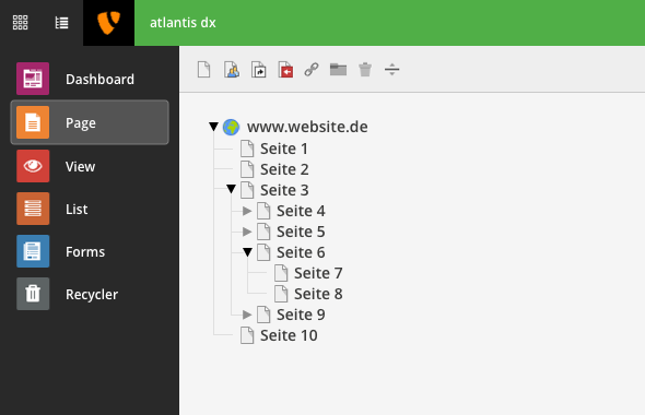 atlantis dx - TYPO3 vs WordPress Screenshot vom hierarchischem Seitenbaum einer Website im TYPO3 Backend
