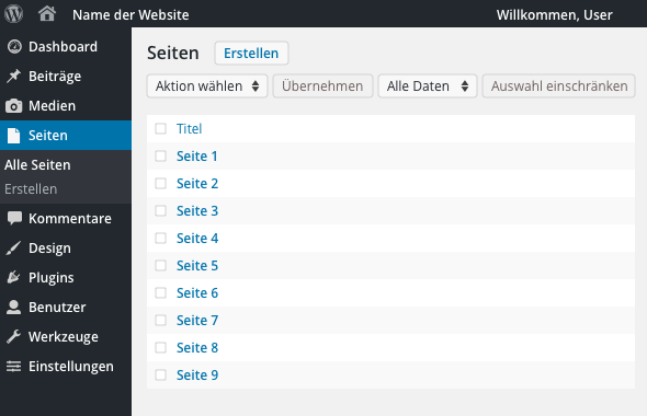 atlantis dx - TYPO3 vs WordPress Screenshot einer Auflistung der Unterseiten einer Website im WordPress Backend