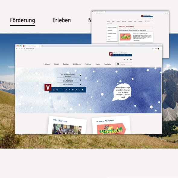 Bildmontage: 3 sich überlappende Screenshots der Website von Andere Zeiten e.V.