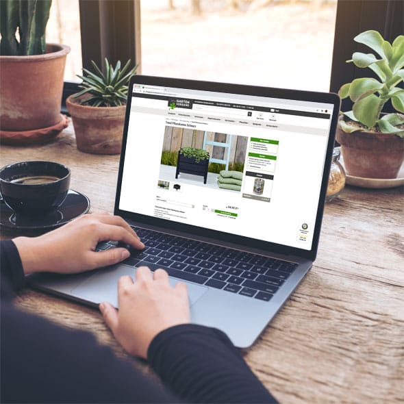 Laptop with open online store on a wooden writing desk with green plants on the table