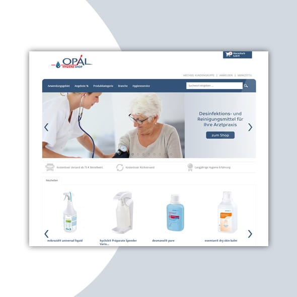 Screenshot eines Online-Shops auf blau-weißem Hintergrund
