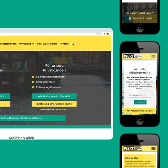 Grafik: Screenshot einer Website, daneben ein Handy mit geöffneter Website, grüner Hintergrund